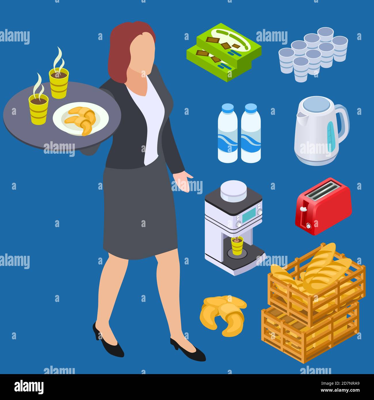 Coffee shop waiter, milk, bread, bakery products isometric vector elements. Illustration of coffee and food breakfast Stock Vector