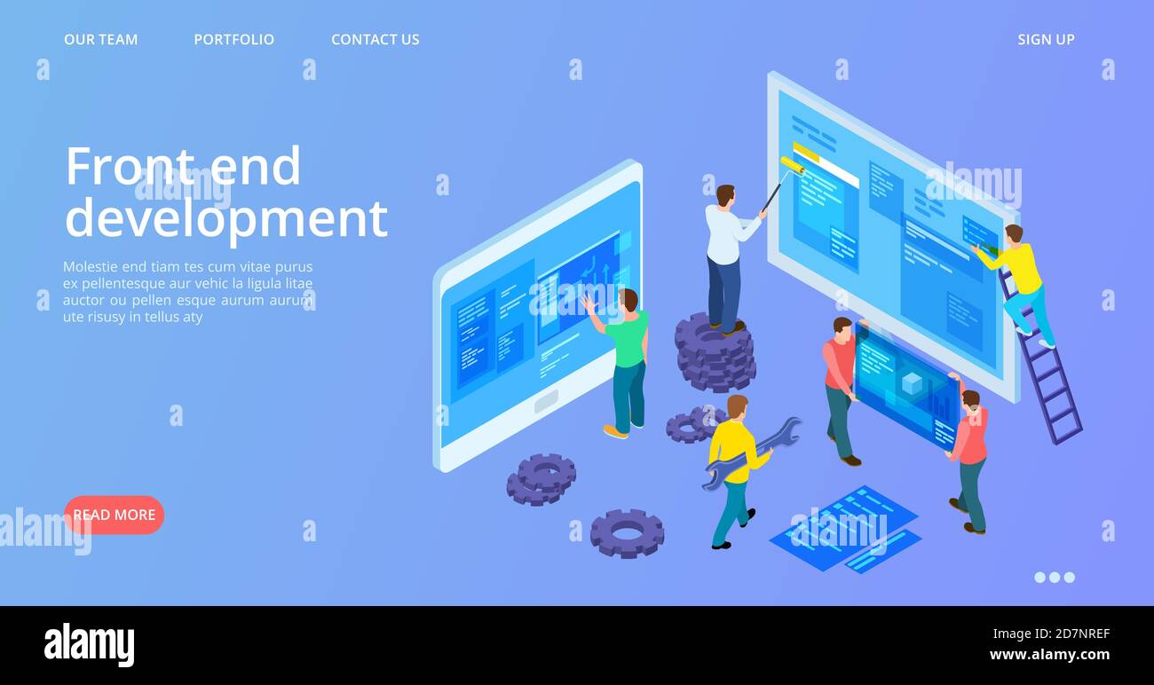 Front end development. Isometric interface development landing page. Vector site construction, web design banner template. Web development application, computer isometric coding illustration Stock Vector