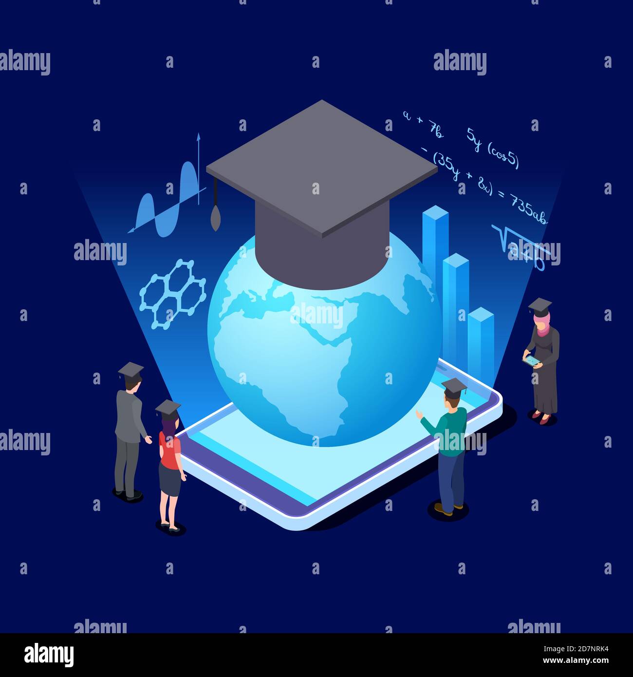 Worldwide education isometric concept. International students and education app for smartphone vector illustration. Isometric app world education Stock Vector