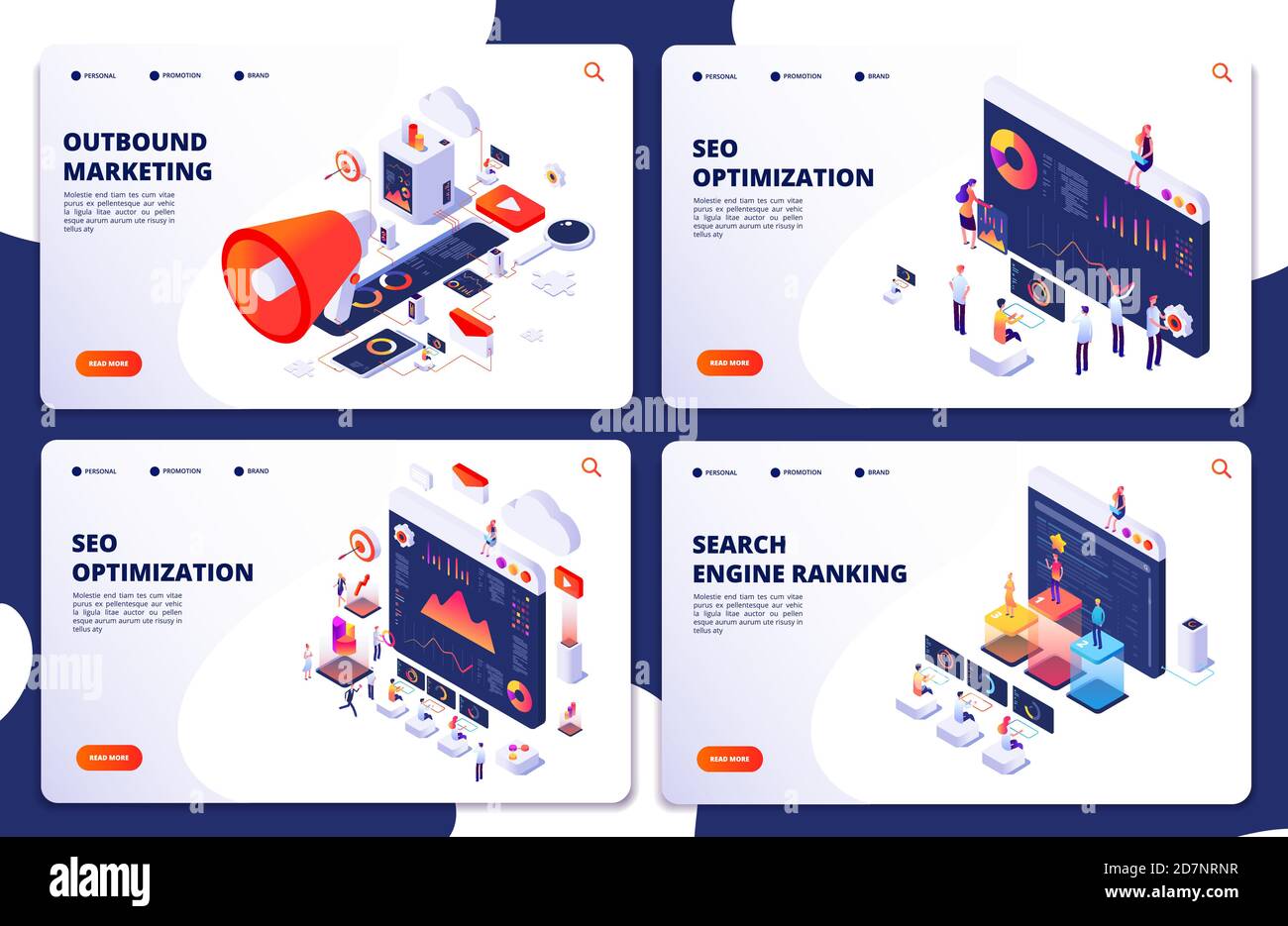 Search engine rank, seo optimization vector isometric landing pages. Seo marketing and analytics, online ranking result. Search engine rank banner, loudspeaker for promote illustration Stock Vector