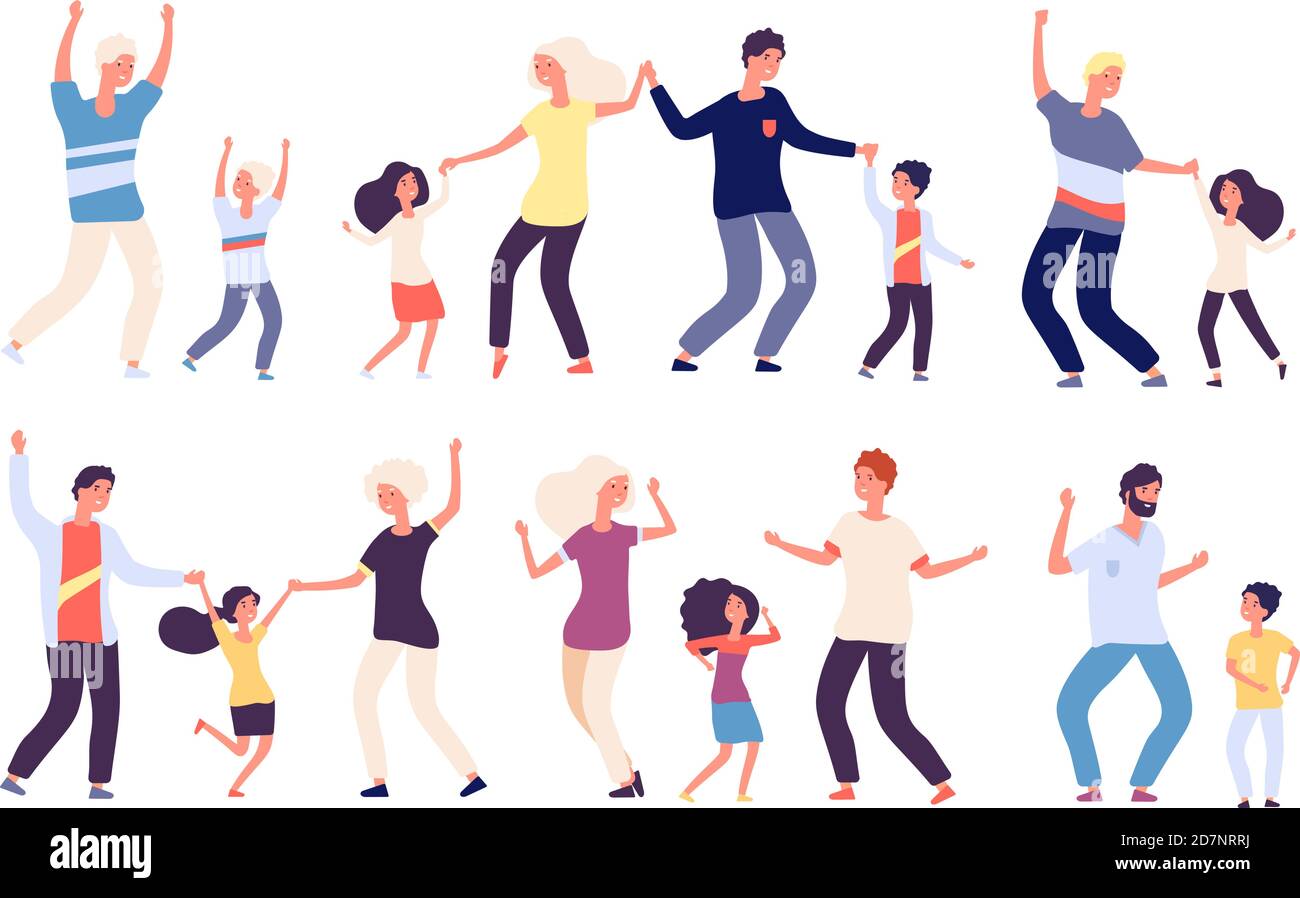 Dancing parents with kids. Happy children dad and mom dance family woman man child dancers. Isolated vector cartoon characters. Family dance together, performance disco characters illustration Stock Vector