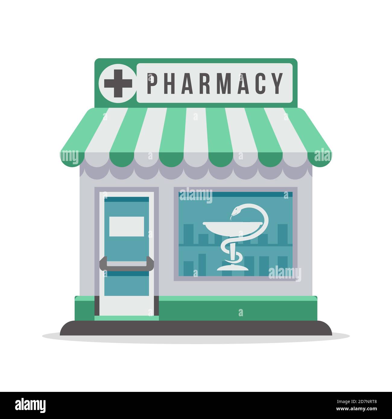 Vector pharmacy city building exterior front view. Isolated flat vector illustration. Pharmacy building, shop exterior drugstore Stock Vector