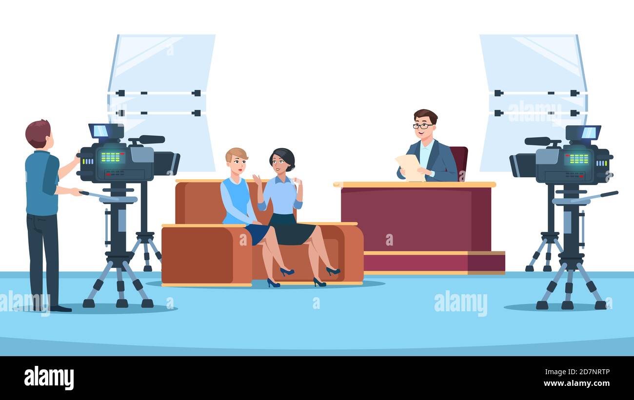 Tv studio interview. Talk show in broadcasting studio on television. Talking people with microphone to camera. News crew vector image. Tv studio, show live discussion interview illustration Stock Vector