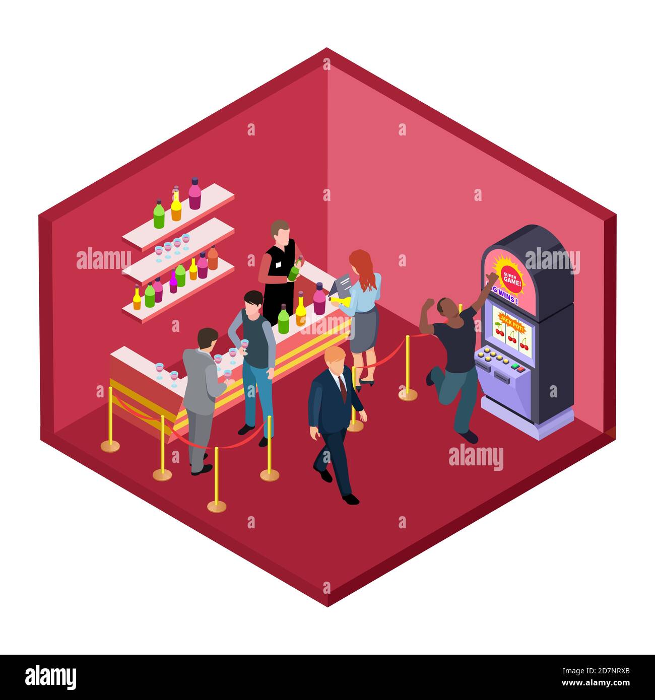 Night club bar with game zone isometric vector illustration. Isometric nightclub with slot machine Stock Vector