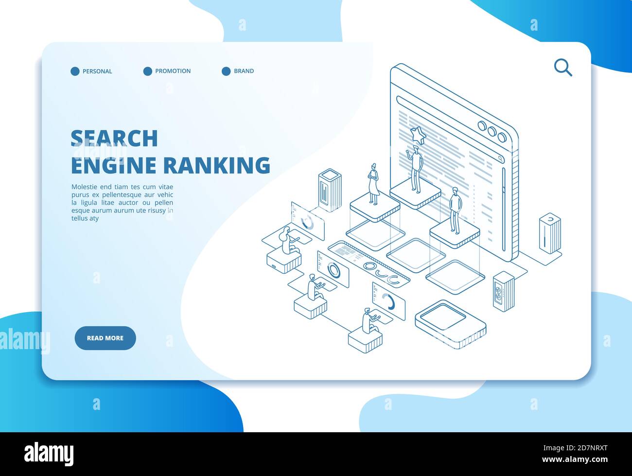 Search engine ranking landing page. Seo marketing and analytics, online ranking result. Internet strategy 3d isometric vector concept. Illustration search engine optimization page site Stock Vector