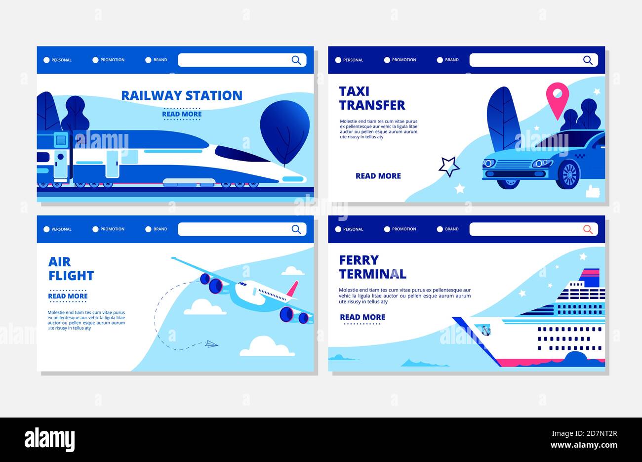 Transportation vector banners. Ferry terminal, air flight, taxi, railway station landing page collection. Illustration travel transportation, ferry terminal, air plane Stock Vector