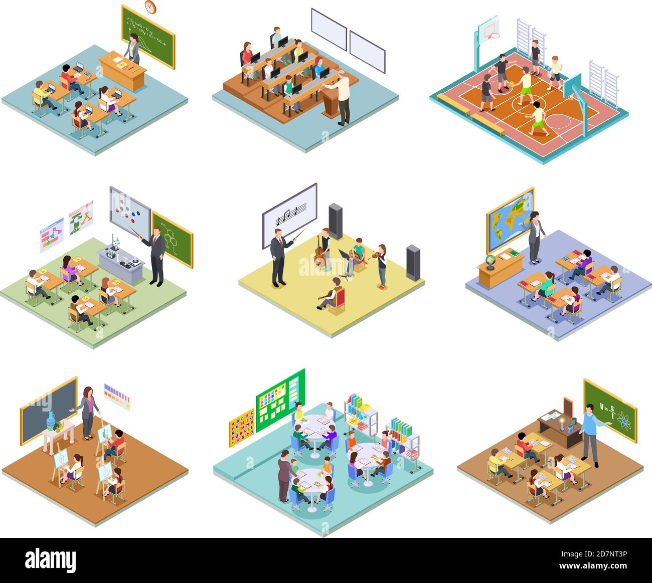 School rooms isometric. Library dining room lecture classroom gym sports hall toilet college university interior furniture 3d vector. Illustration education school room isometric, university interior Stock Vector