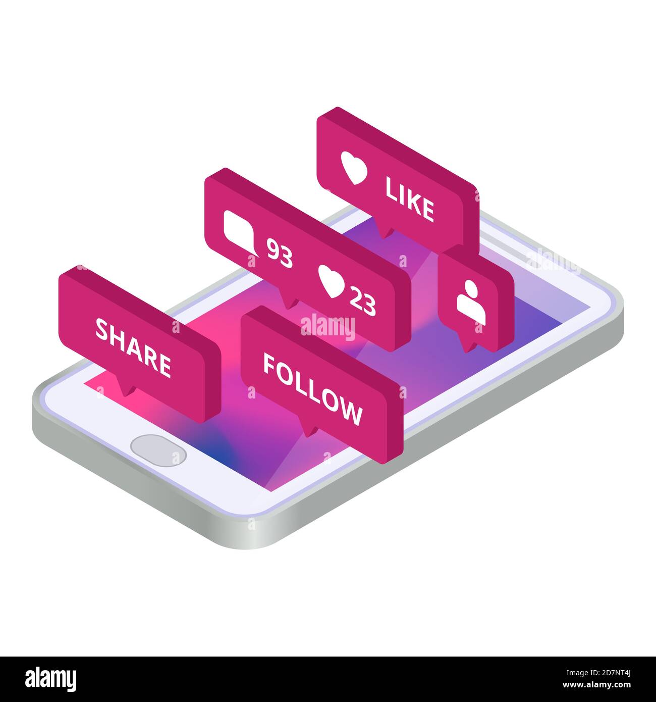Communication, social media app vector concept 3d. Smartphone application social media notification illustration Stock Vector