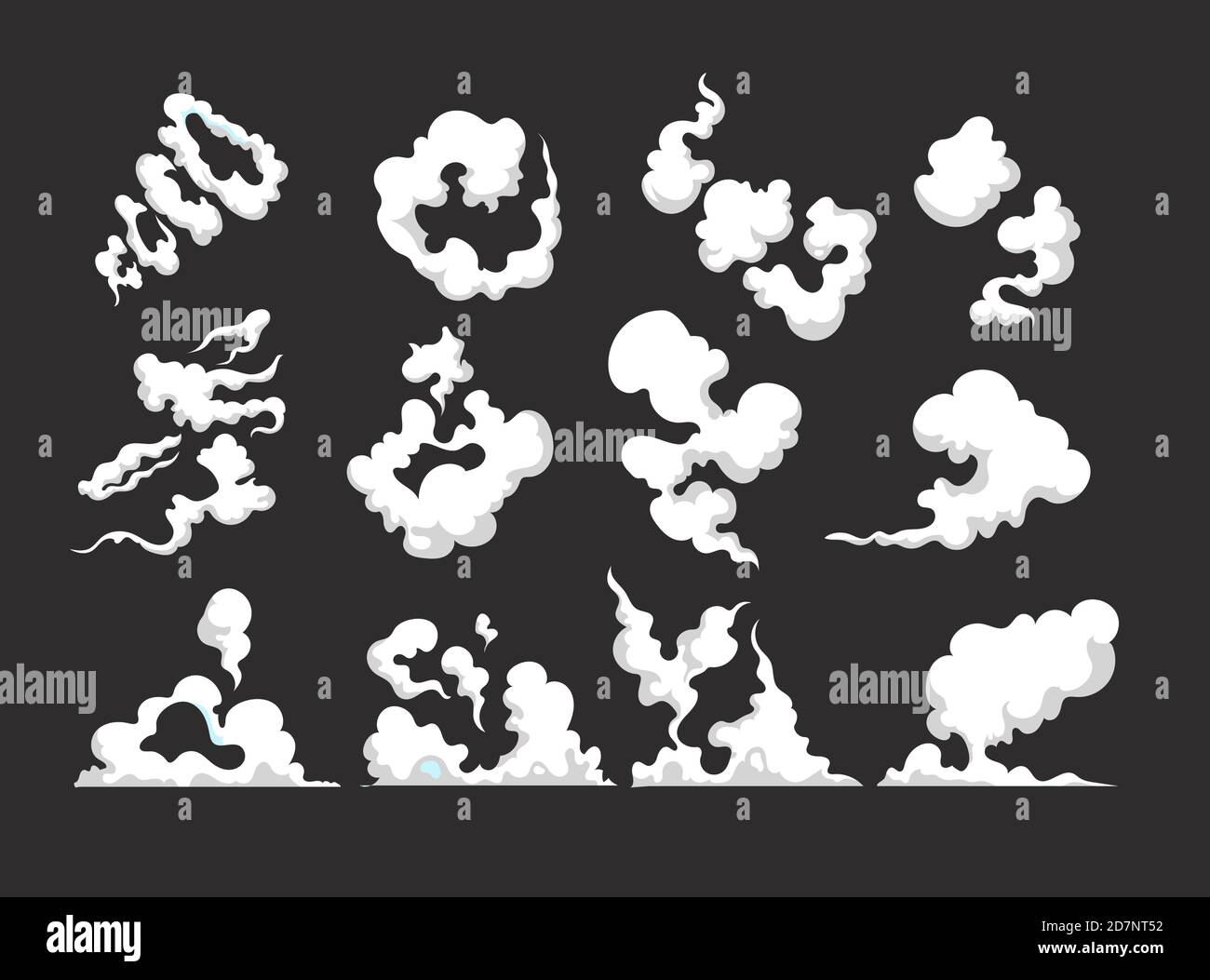 Cartoon smoke. Smoking car motion clouds cooking smog smell dust toxic blast vector isolated comic collection. Smog cloud, dust smoke effect illustration Stock Vector