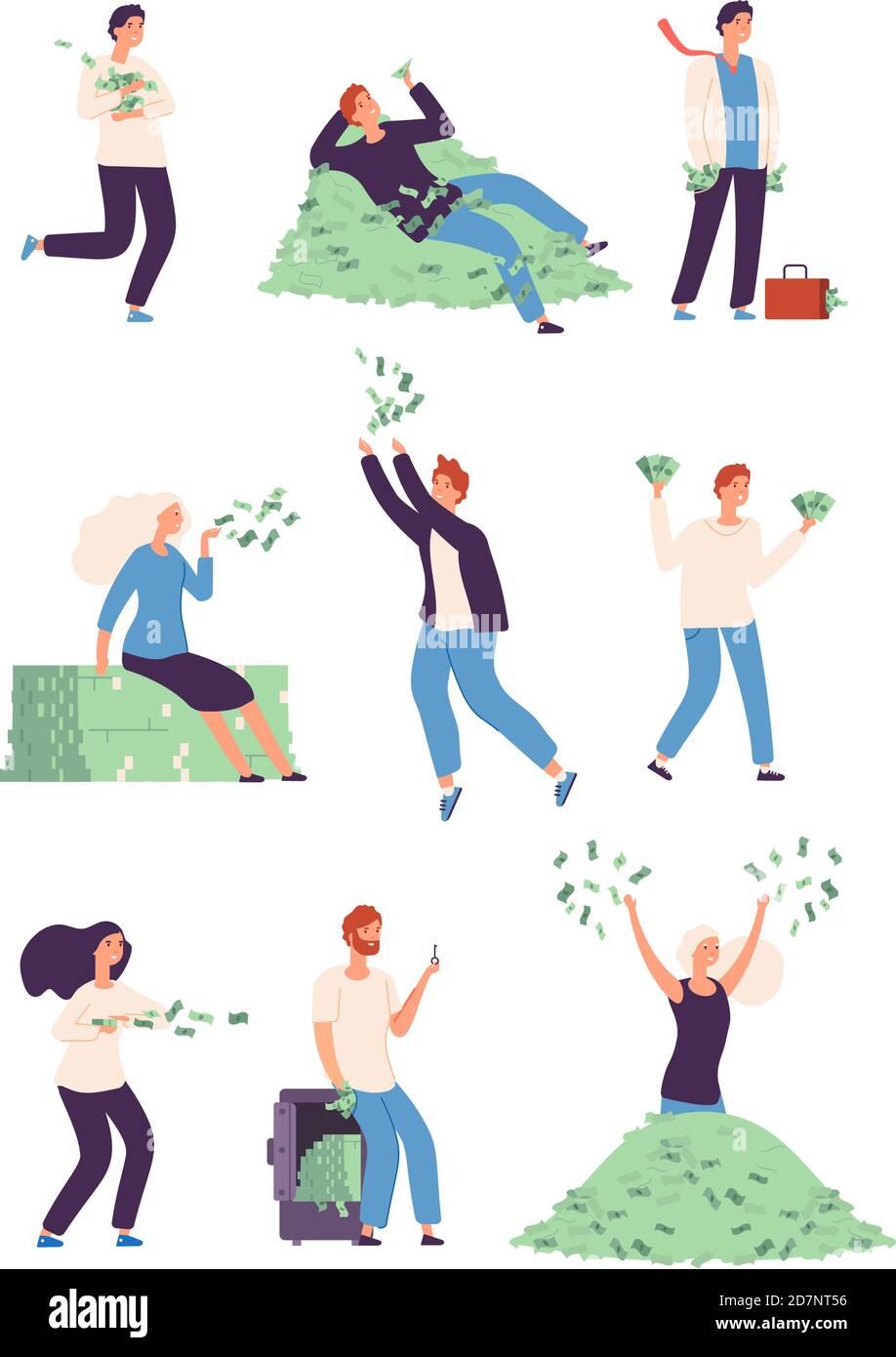 Wealthy people. Rich happy persons with money dollars gold coins, lucky rich man and woman millionaire vector isolated flat characters. Illustration of man and woman happy with a lot of money Stock Vector