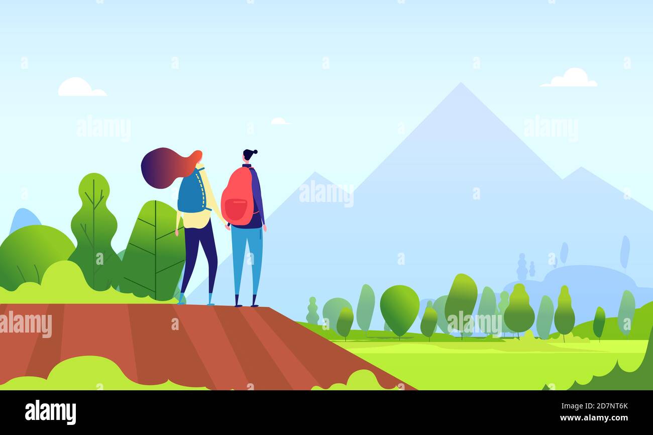 Hiking couple. Young female hike in nature landscape. Man and woman tourists, hikers in summer outdoors vector cartoon concept. Illustration of young woman and man in mountain trek Stock Vector