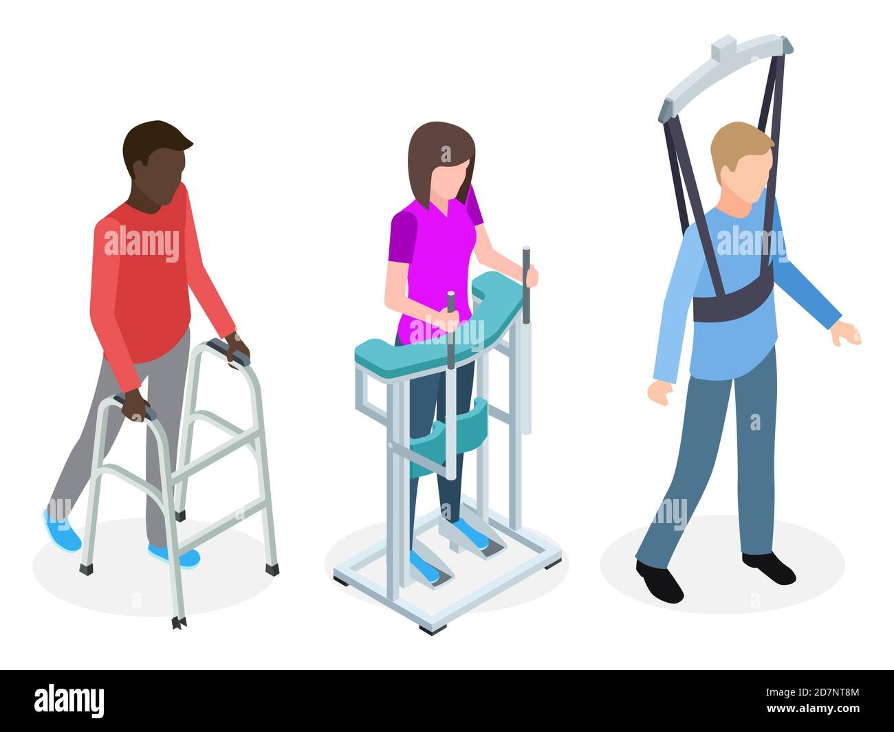 Legs rehabilitation people - isometric vector design. Illustration of rehabilitation patient, treatment and healthcare Stock Vector