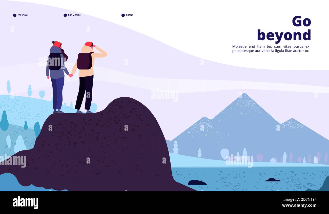 Outdoor adventure landing. Couple with backpack climbing mountain looking new horizon. Healthy lifestyle tourism web vector page. Illustration of adventure hiking, man tourist travel trekking Stock Vector