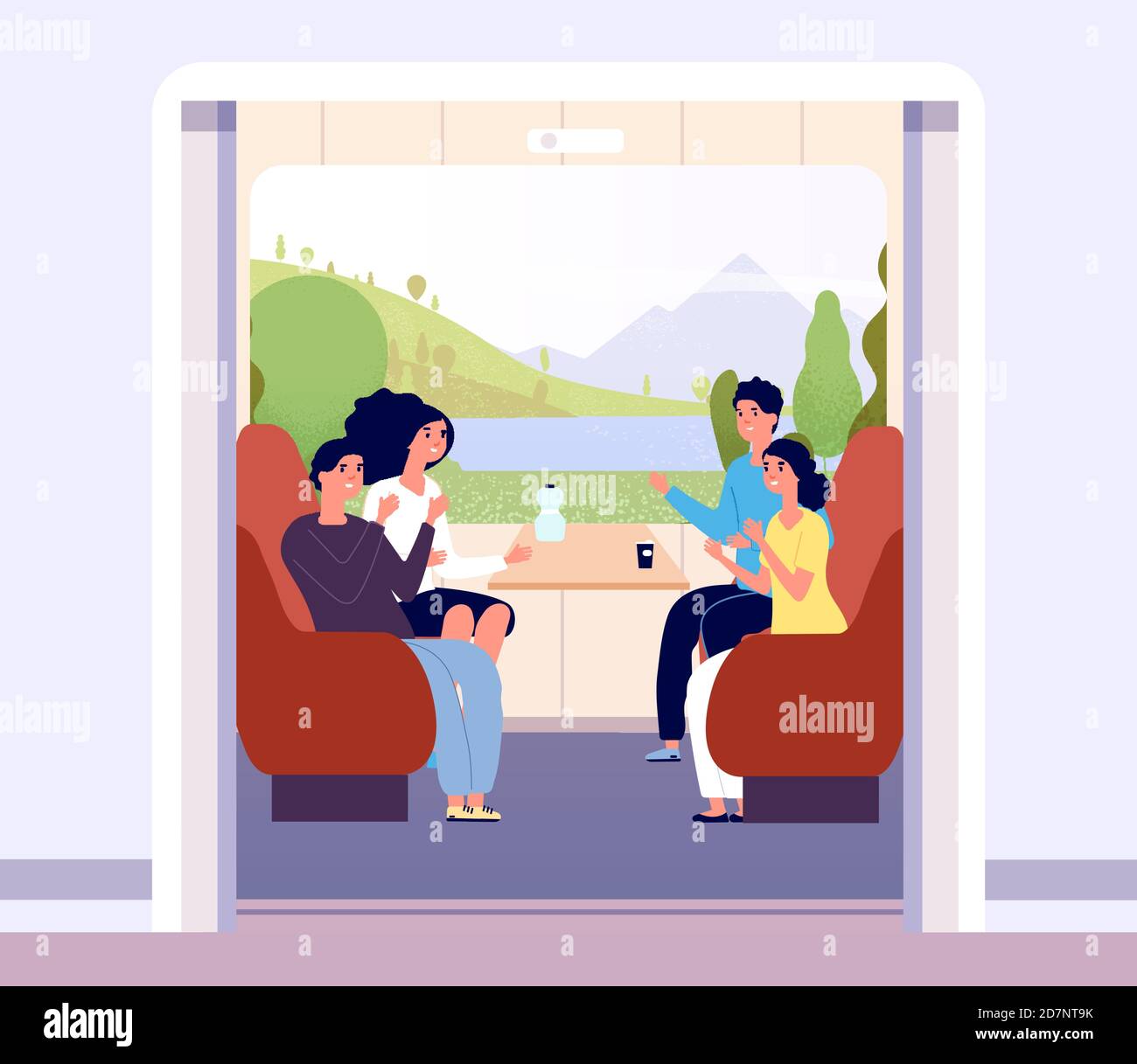 People in train. Men and women travelling by train. Summer landscape in  coach window. Railway journey vector flat concept. Illustration transport  and travel train, people sitting in wagon Stock Vector Image &