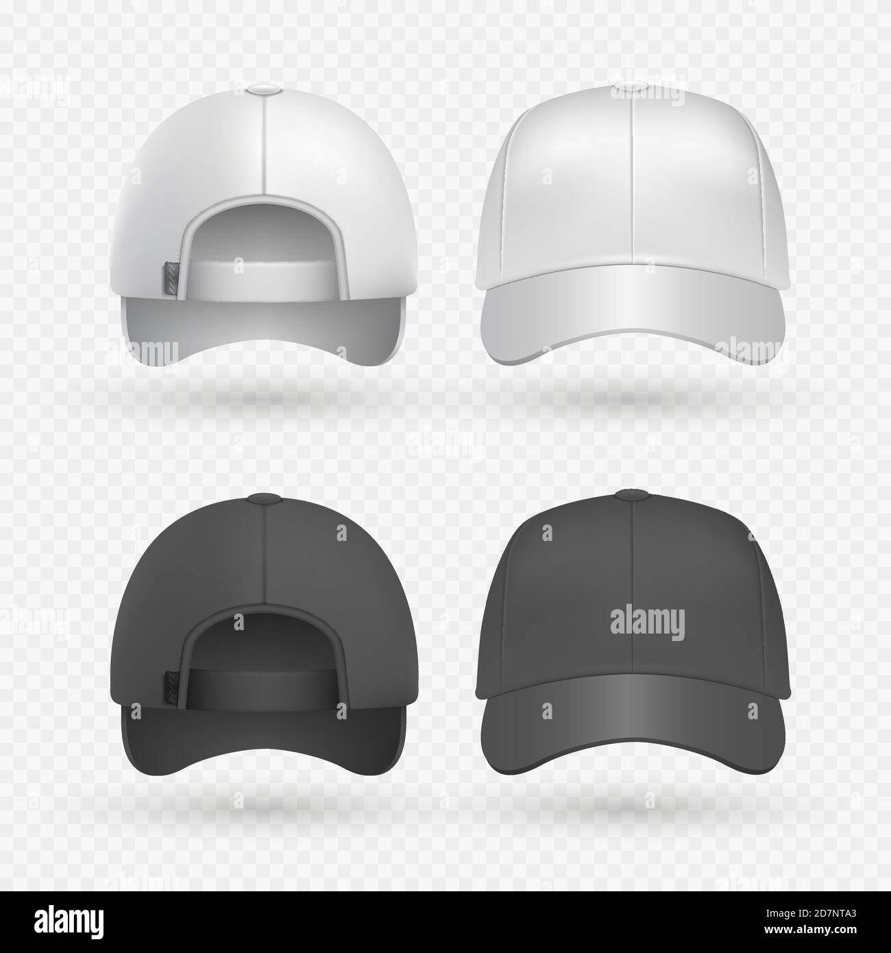 Realistic black and white sport caps isolated on transparent background. Baseball hat design templates vector illustration Stock Vector