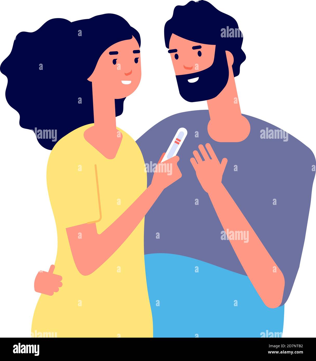 Pregnancy test. Happy young couple looking at pregnancy test showing two line. Family planning healthcare vector concept. Medical test, pregnancy woman show test man illustration Stock Vector