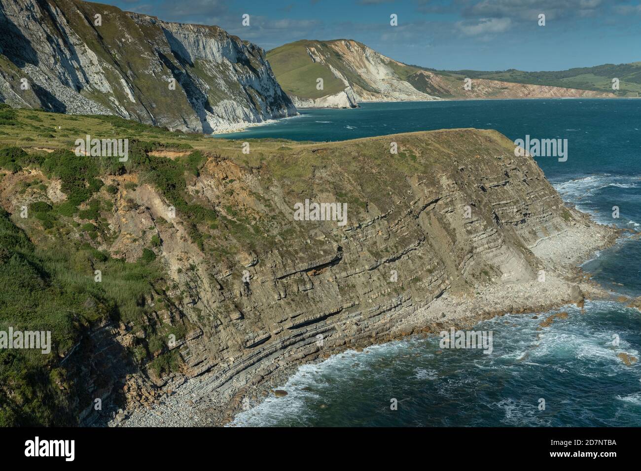 Mupe Bay, looking eastwards across Worbarrow Bay Chalk cliffs, part of Jurassic coast WHS, Dorset. Stock Photo