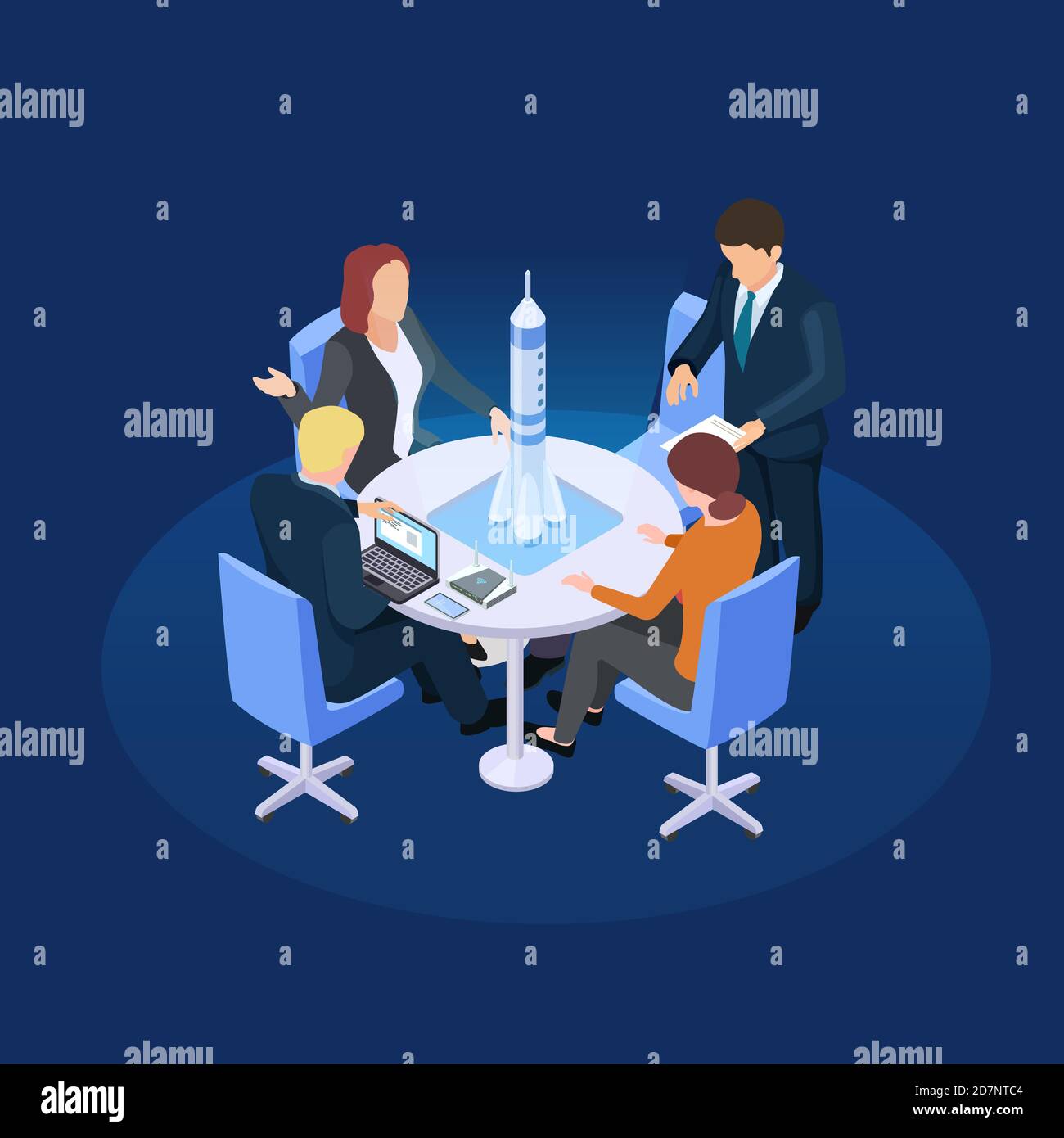 Isometric spaceship vector presentation. Spacecraft development and businessproject illustration. Illustration of spacecraft launch, technology 3d flight Stock Vector