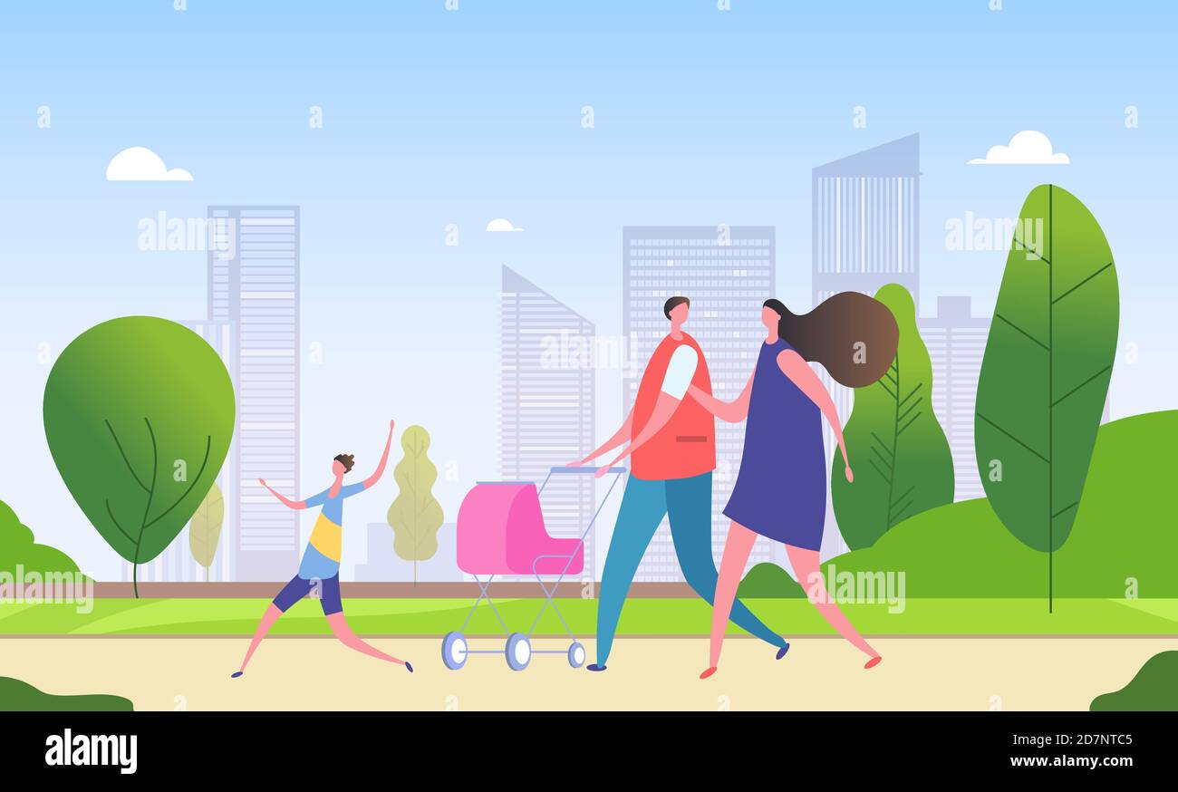 Family walking city street. Cartoon mother, father and children together in cityscape. Weekend in city vector illustration. Father amd mother city walk, family together outdoor Stock Vector