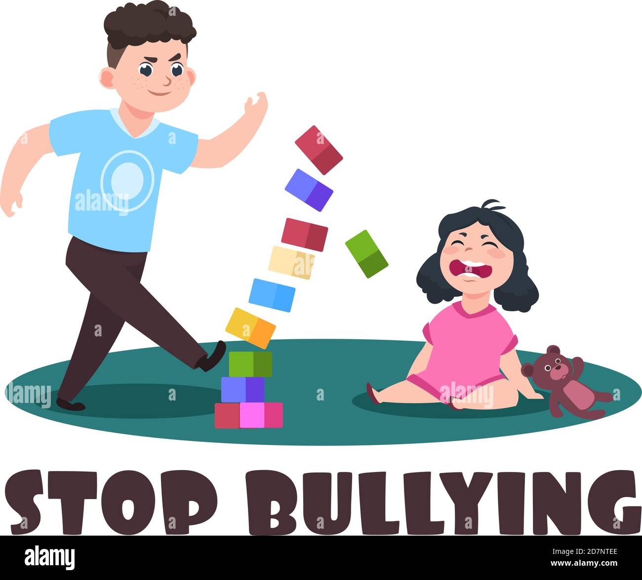 Angry kids. Bad boy and crying little girl. Stop bullying vector illustration. Bully boy has conflict with crying girl Stock Vector