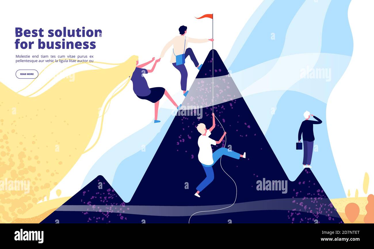 Business solutions landing. Business team climb on mountain. Successful company online consulting service. Web page vector design. Illustration of team climb to mountain, partnership and teamwork Stock Vector