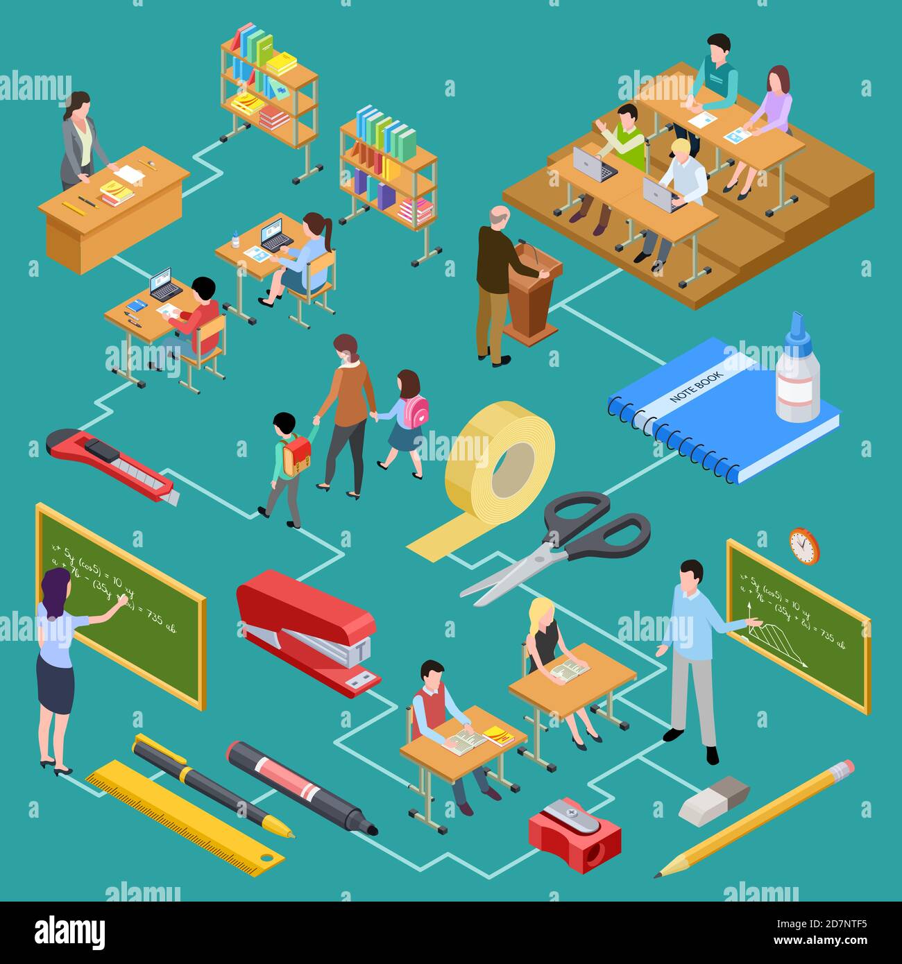 School, education, teachers and students isometric vector concept. Illustration of education school, teacher and students Stock Vector