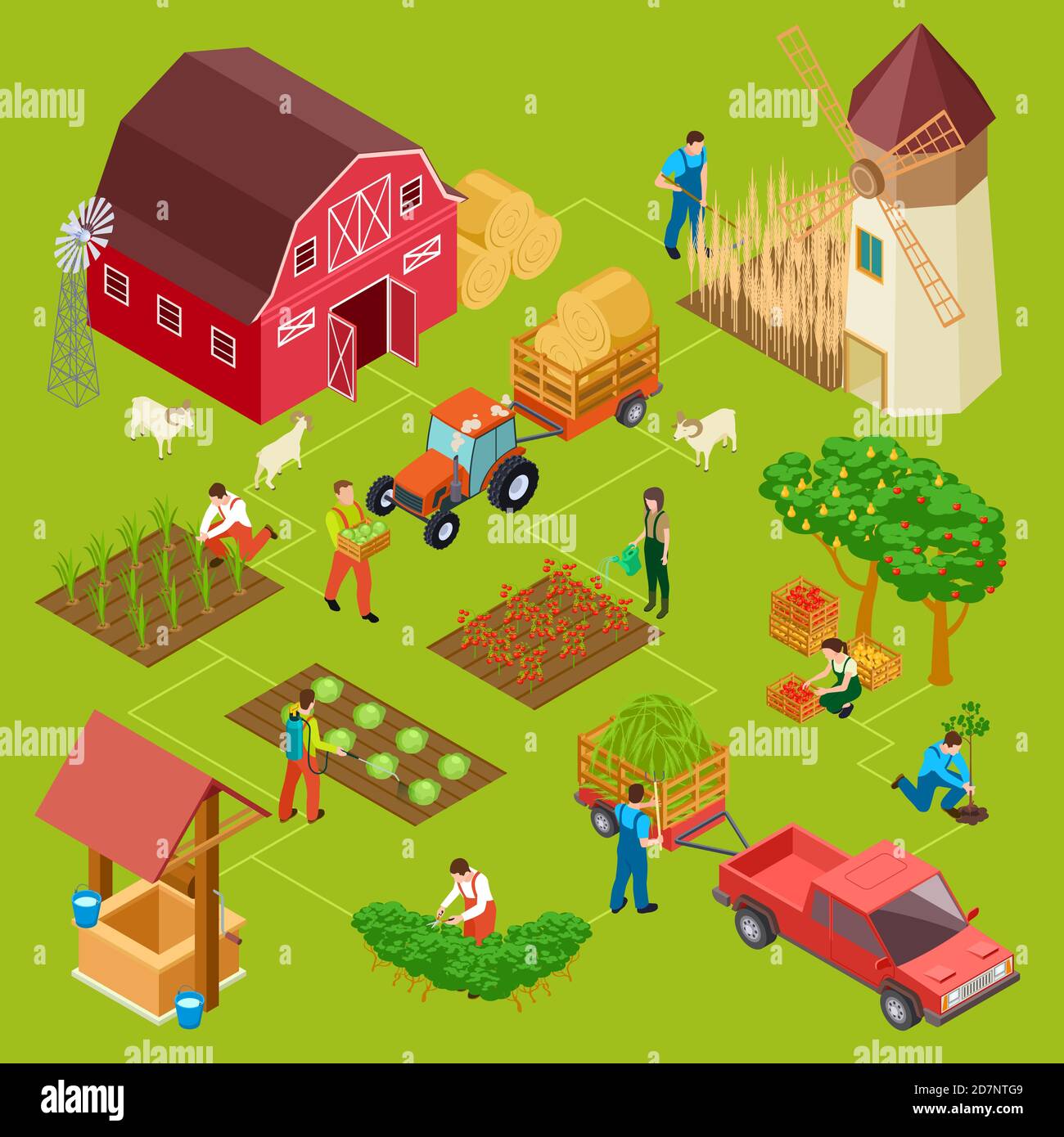 Fruits and vegetables farm, isometric gardening vector concept. Illustration of barn and mill, hay and tractor, agriculture gardening Stock Vector