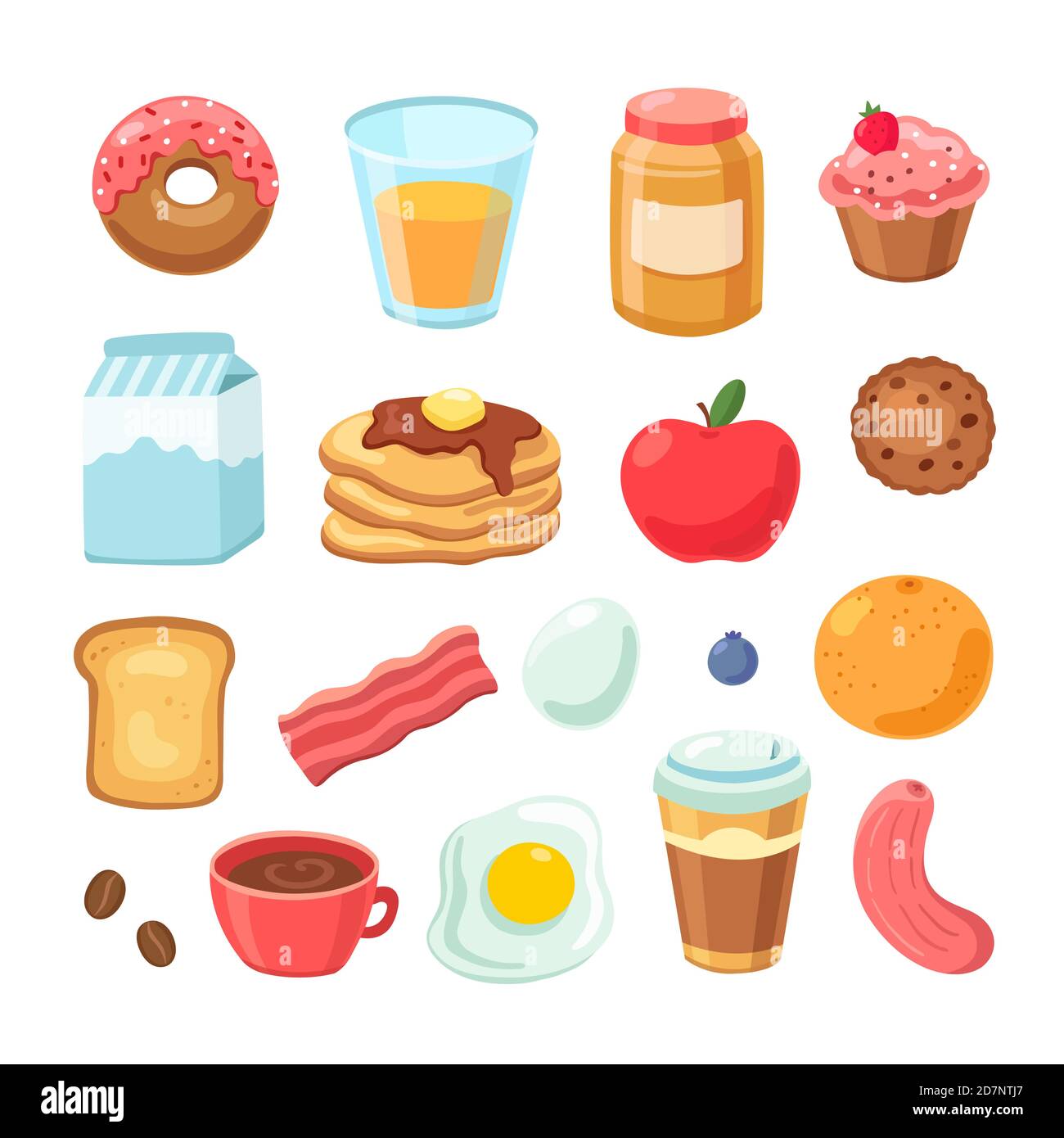 Cartoon breakfast food. Bagel bacon jam egg sandwich healthy fruit and juice. Breakfast meal isolated vector set. Illustration of jam and toast, breakfast food, healthy morning nutrition Stock Vector