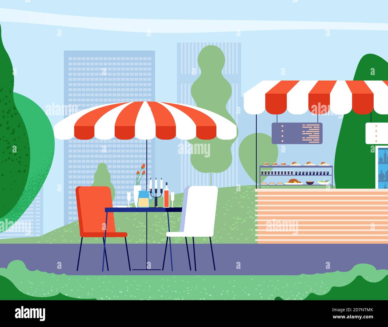 Summer outdoor cafe. Empty table and armchair under umbrella in street cafe. Bistro restaurant vector background. Illustration of restaurant and cafe with table umbrella Stock Vector