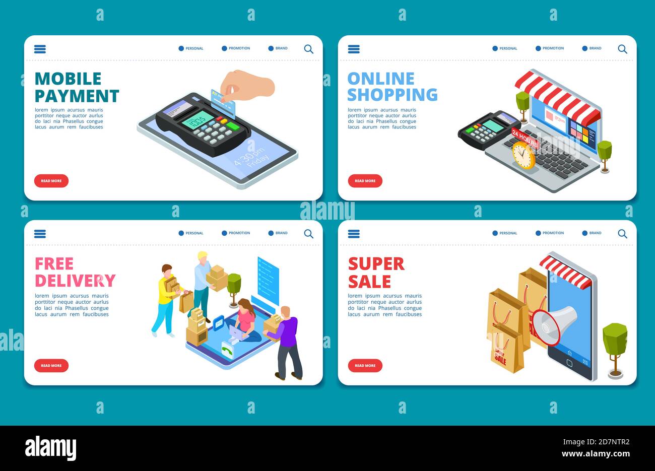 Online shopping, sale, delivery isometric vector landing page templates ...