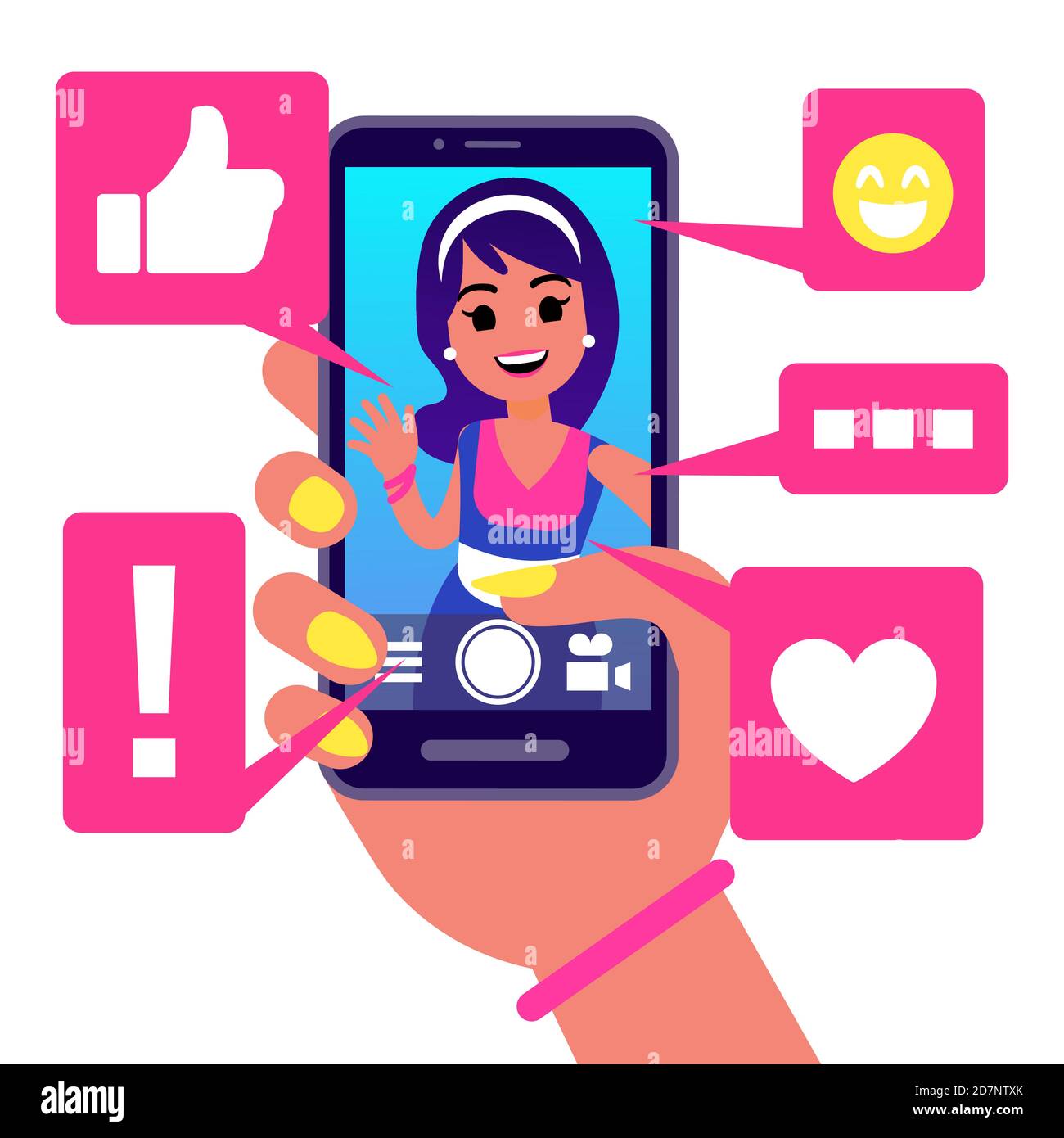 Social media app, girl makes selfie vector illustration. Active life in social networks concept. Selfie girl in social network media, smartphone app Stock Vector