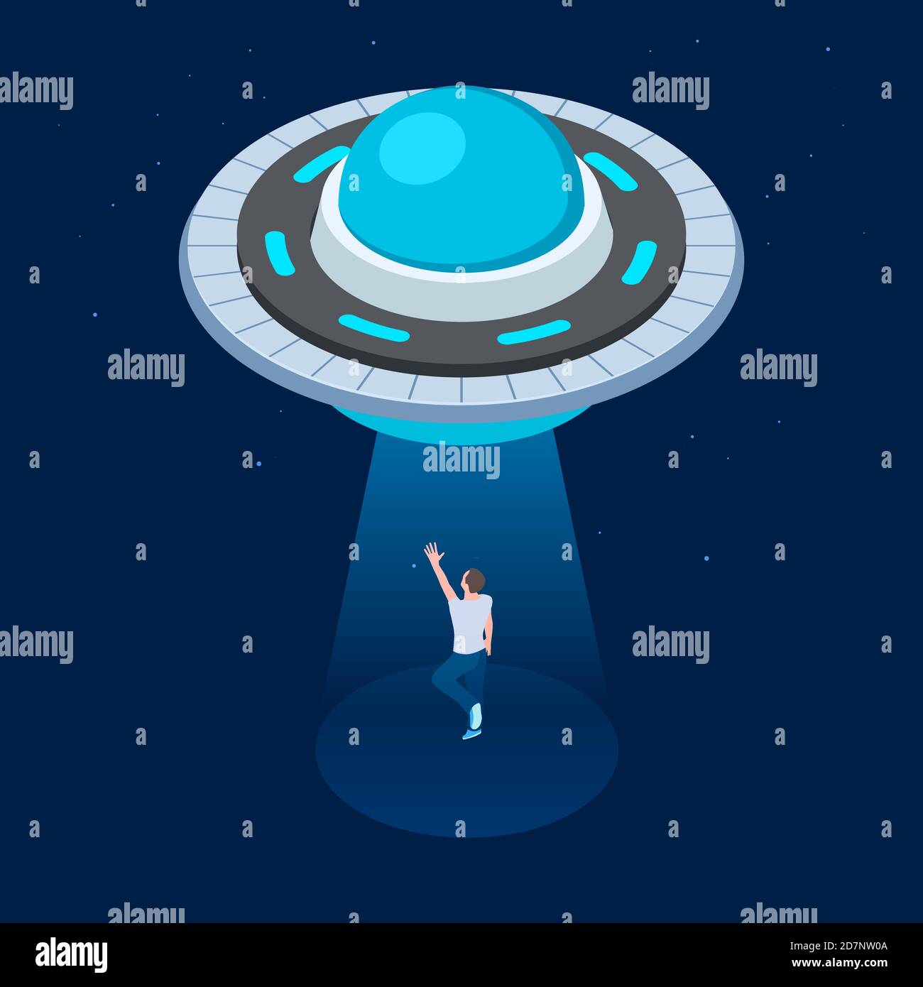 Vector aliens abduct man. UFO flying spaceship isometric design. UFO kidnaps man vector illustration. Kidnapping alien, space imagine sci-fi, flying ufo Stock Vector