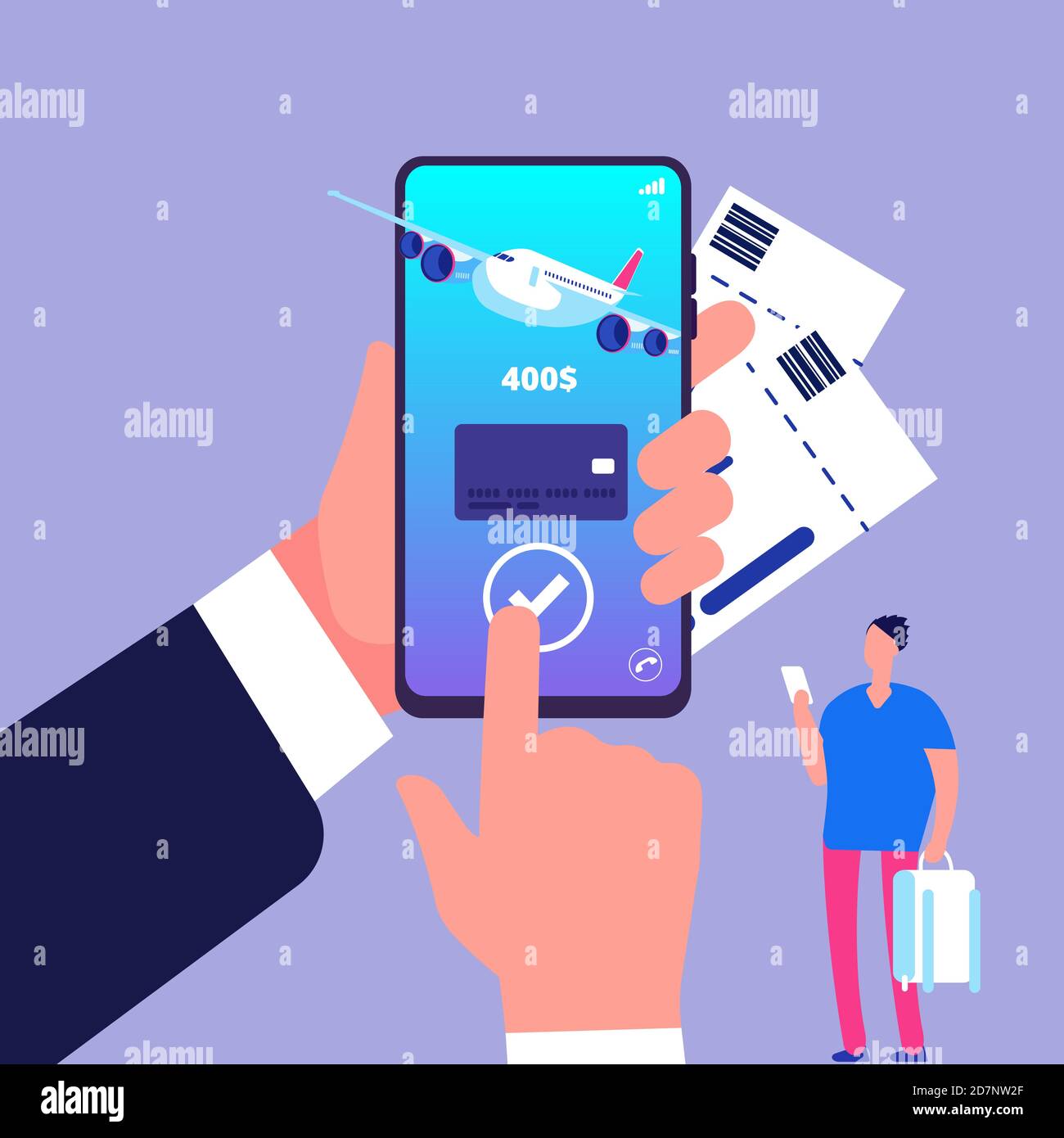 Online ticket concept. Buying tickets with smartphone. Online payment vector illustration. Buying ticket to flight for travel, journey, airplane trip Stock Vector