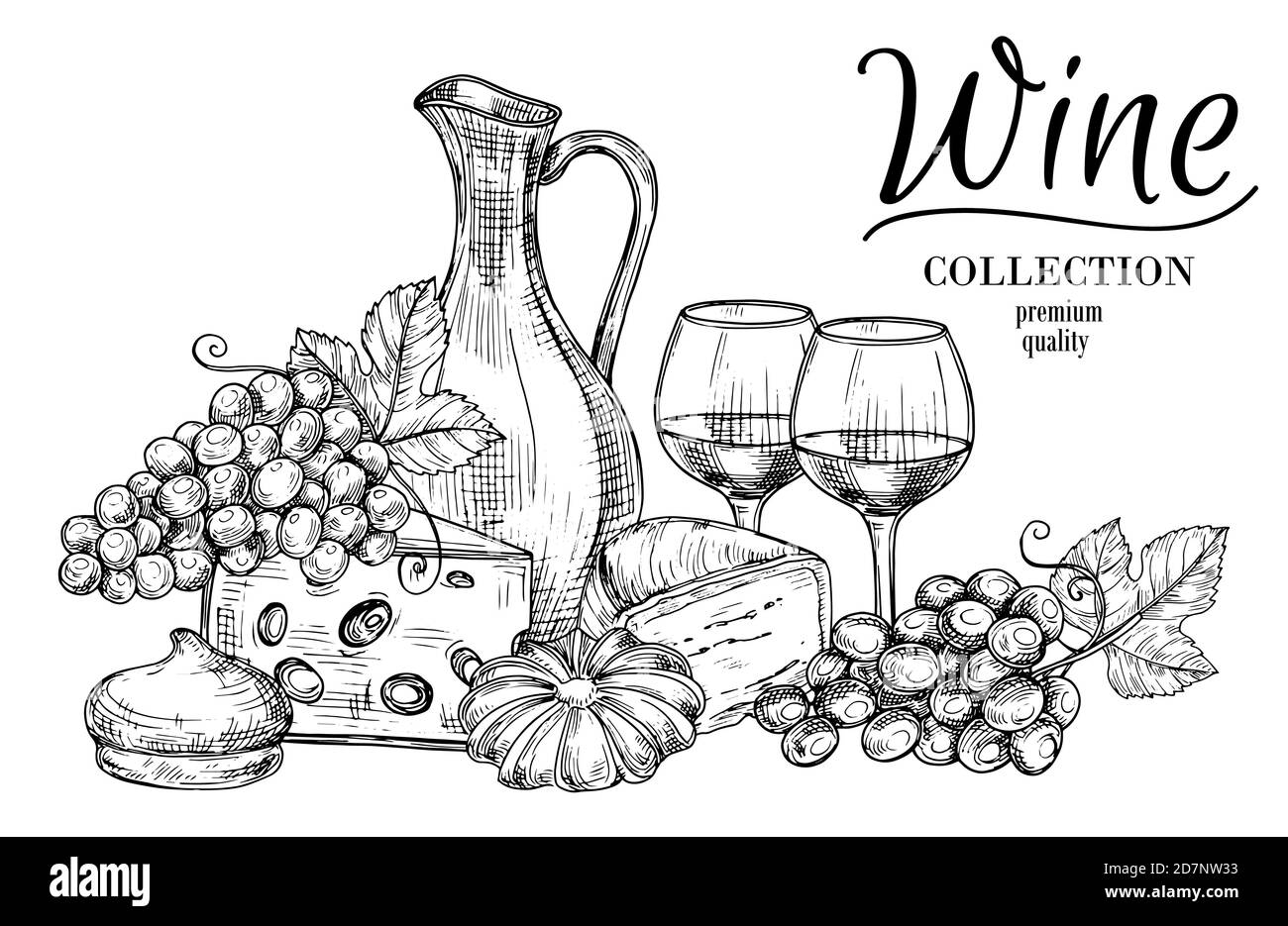 Wine and cheese illustration Black and White Stock Photos & Images Alamy