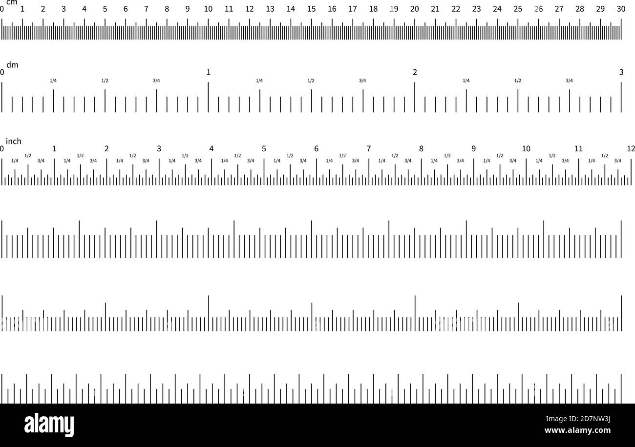 Ruler scale. Inch and cm measuring scales. Horizontal calibration precision size units for rulers and indicators. Vector set of scale ruler, measurement millimeter and centimeter illustration Stock Vector