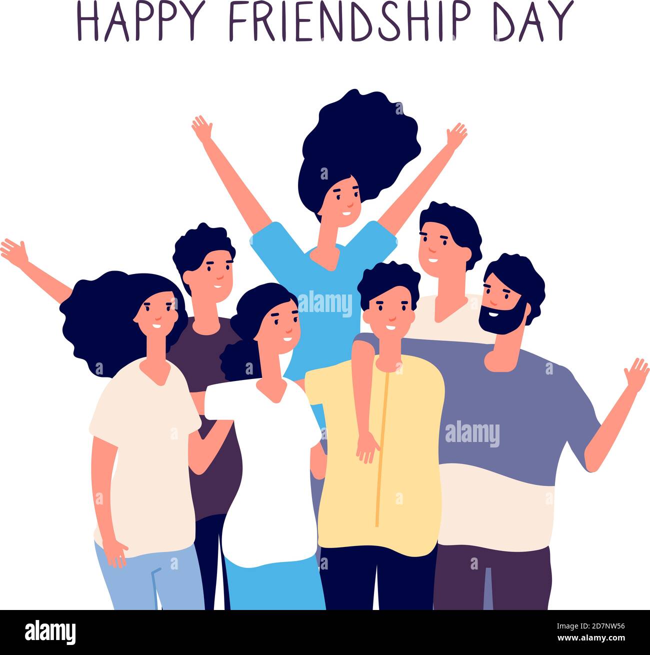 Happy friendship day. Young people group hugging together. Friendship between people. Smiling best friends flat vector concept on white Stock Vector