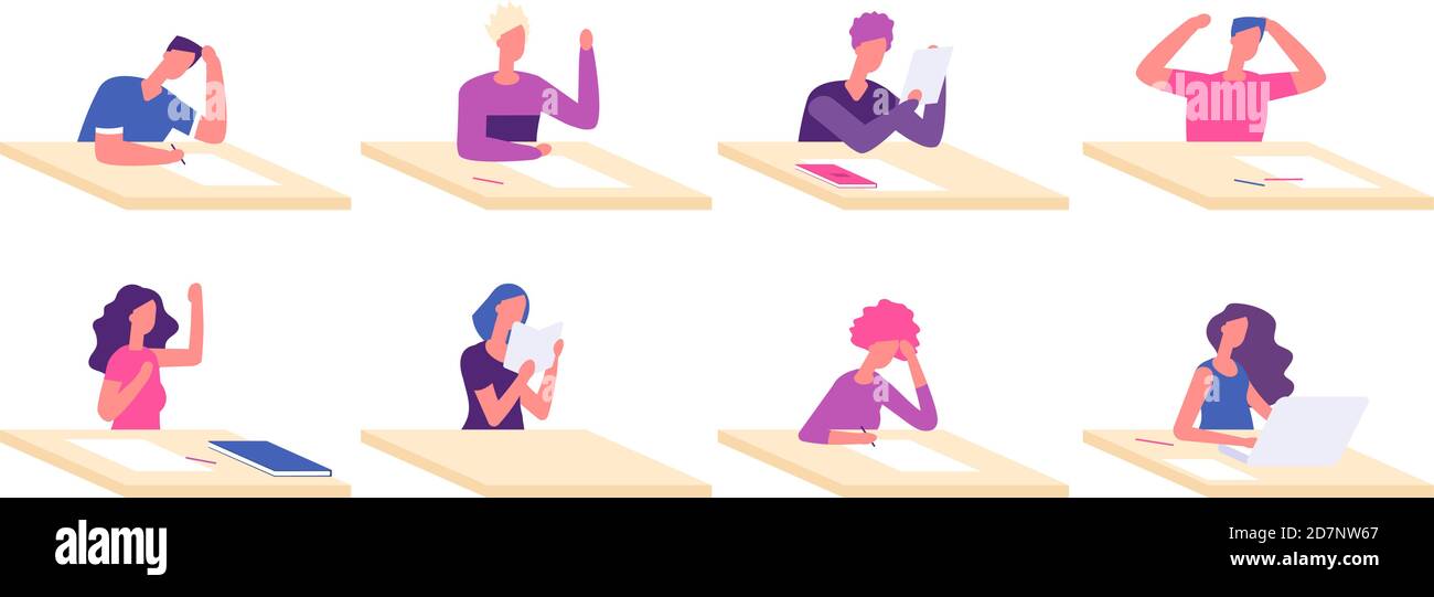 Student at desks. Young boy girl sitting desk pupil teenagers at tables preparation school test college examination vector characters. Illustration of school pupil, boy girl sitting, education student Stock Vector