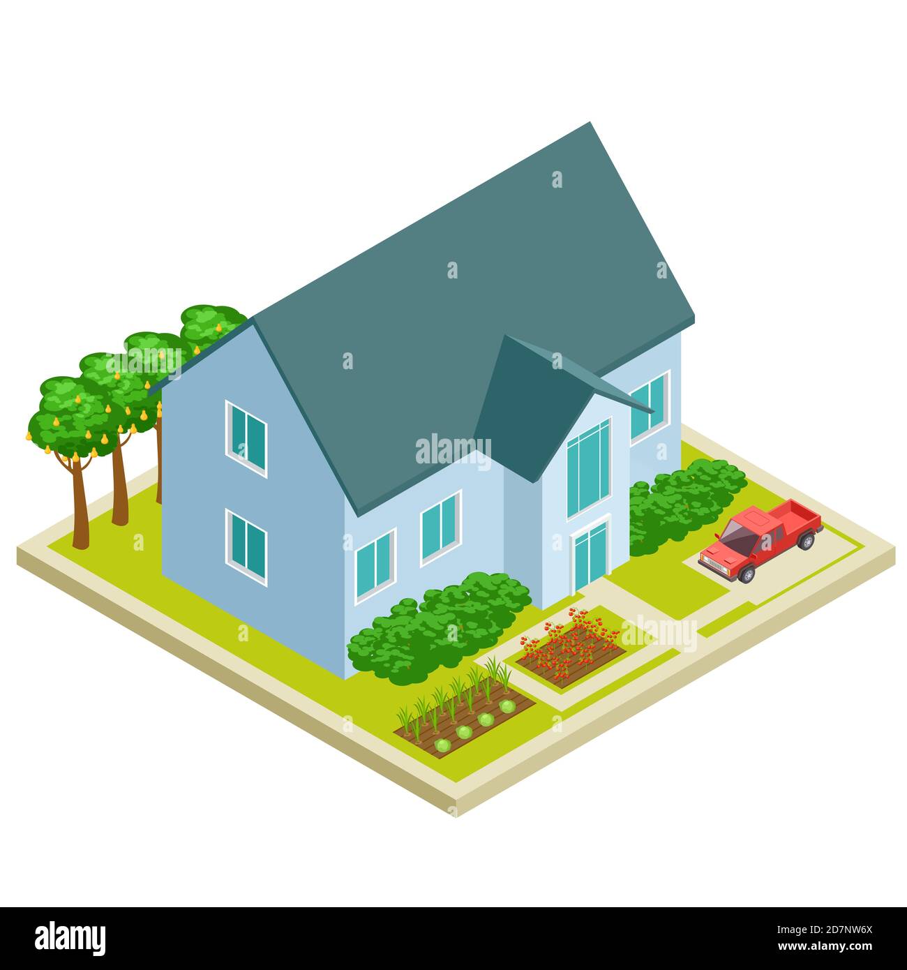 Country house with vegetable and fruit garden isometric vectot design. Isometric country house, farming outdoor, farmland illustration Stock Vector