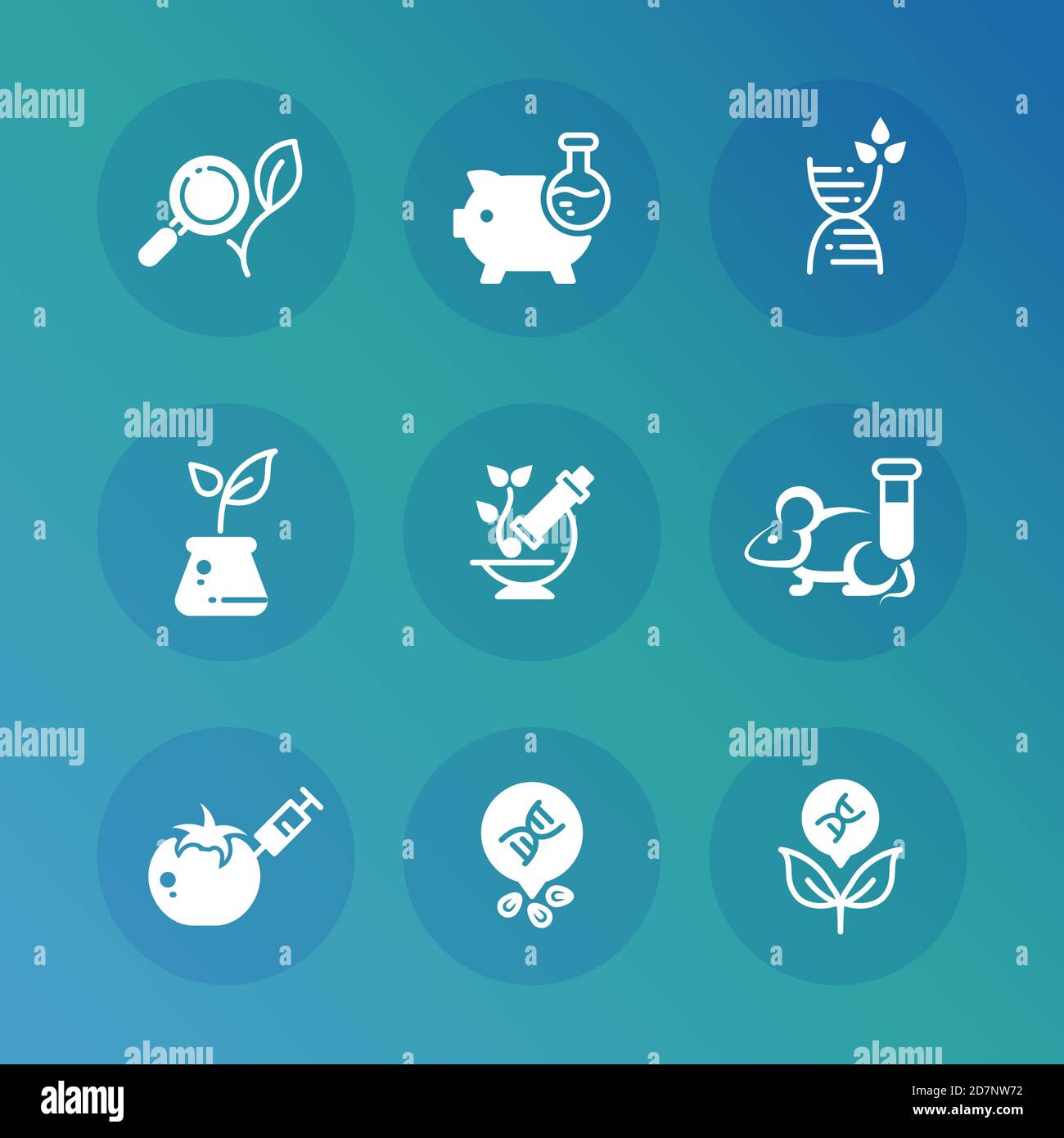 Genetic modification biotechnology and dna research vector icons set. Science research, biotechnology dna icons, genetic and medical illustration Stock Vector