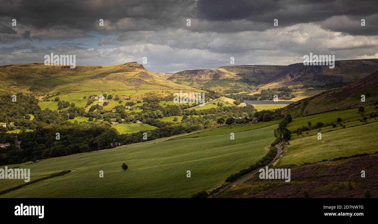 From the slopes of Alphin hill, Saddleworth, Oldham,, looking eastwards towards Dove Stone reservoir, Alderman Hill and Saddleworth Moor, UK Stock Photo