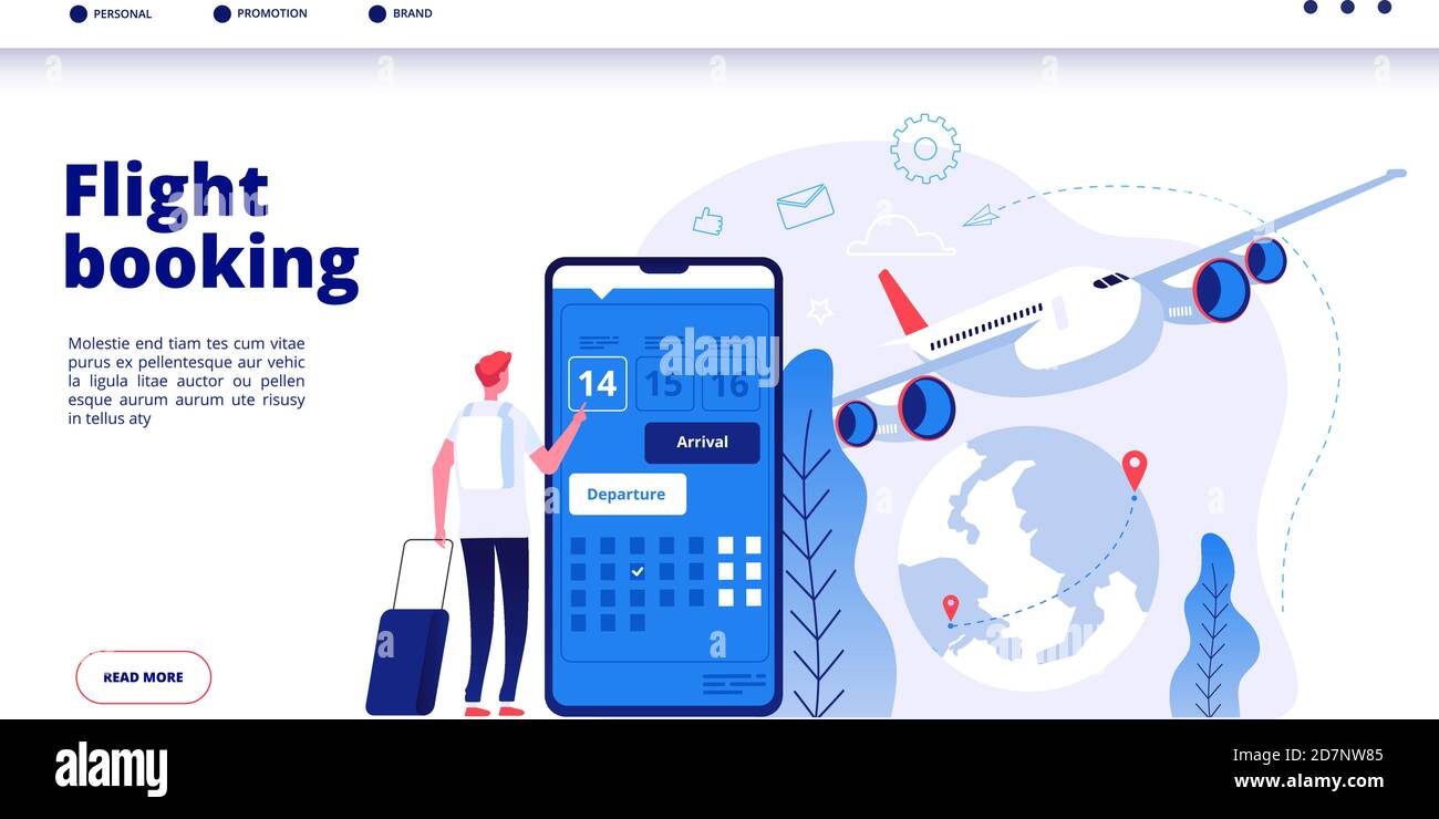 Flight booking. Online budget travel booking in internet plane flights reservation vacation holiday vector travelling service concept. Illustration of booking flight for travel by plane Stock Vector
