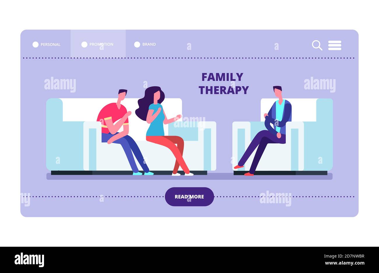 Family therapy vector web page. Wife and husband at psychotherapist. Illustration of husband and wife visit mental therapy Stock Vector