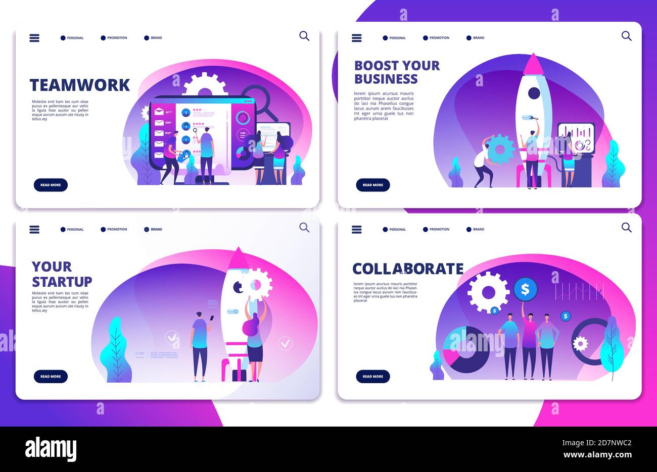 Startup, team work, collaborate vector landing page templates. Illustration of teamwork and collaboration, success people Stock Vector