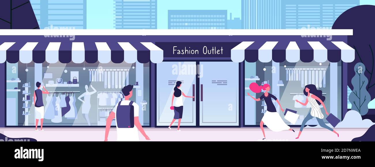 Boutique outside. Fashion outlet with shop mannequins in display windows and girls walking along street. Vector consumerism concept. Illustration of outlet boutique store, fashion retail Stock Vector