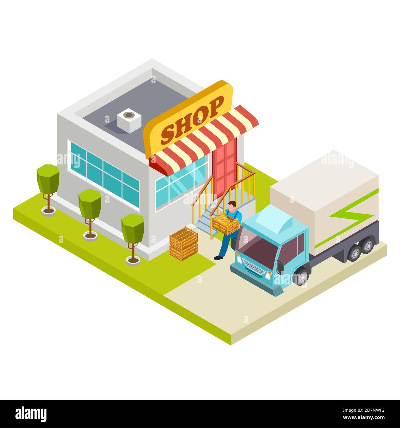 Delivery of bread to a small shop vector isometric illustration. Bread