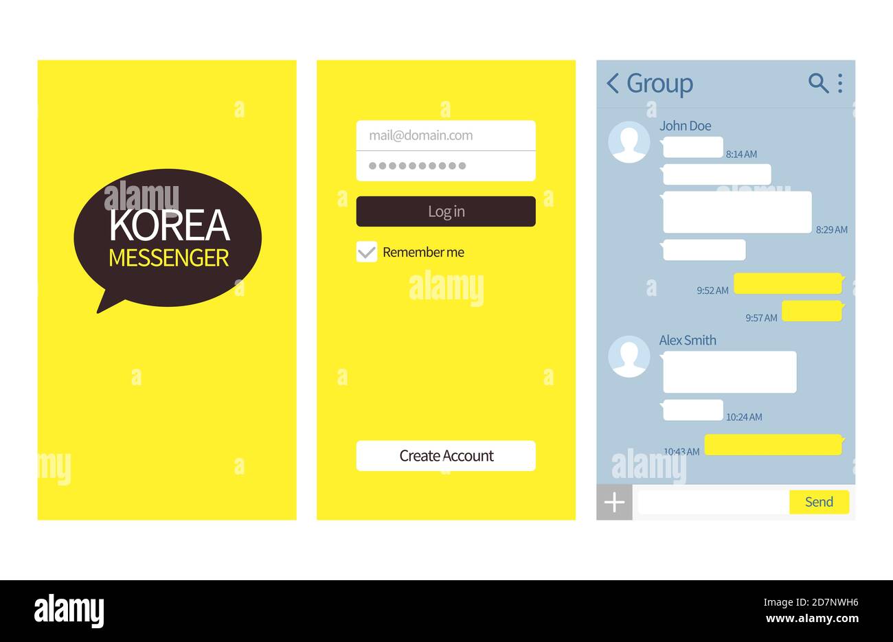 Korean messenger. Kakao talk interface with chat boxes, login and create account page vector template. Kakao korean app interface smartphone illustration Stock Vector