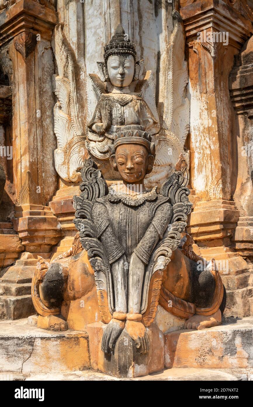 Ancient guardian statue at pagoda field in Sagar Lake Inle, Myanmar Stock Photo