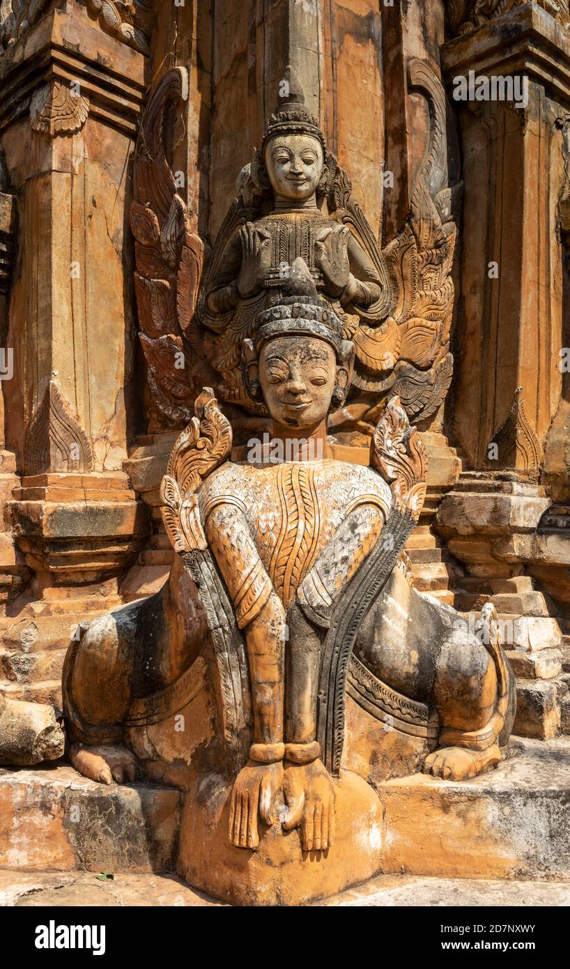 Ancient guardian statue at pagoda field in Sagar Lake Inle, Myanmar Stock Photo
