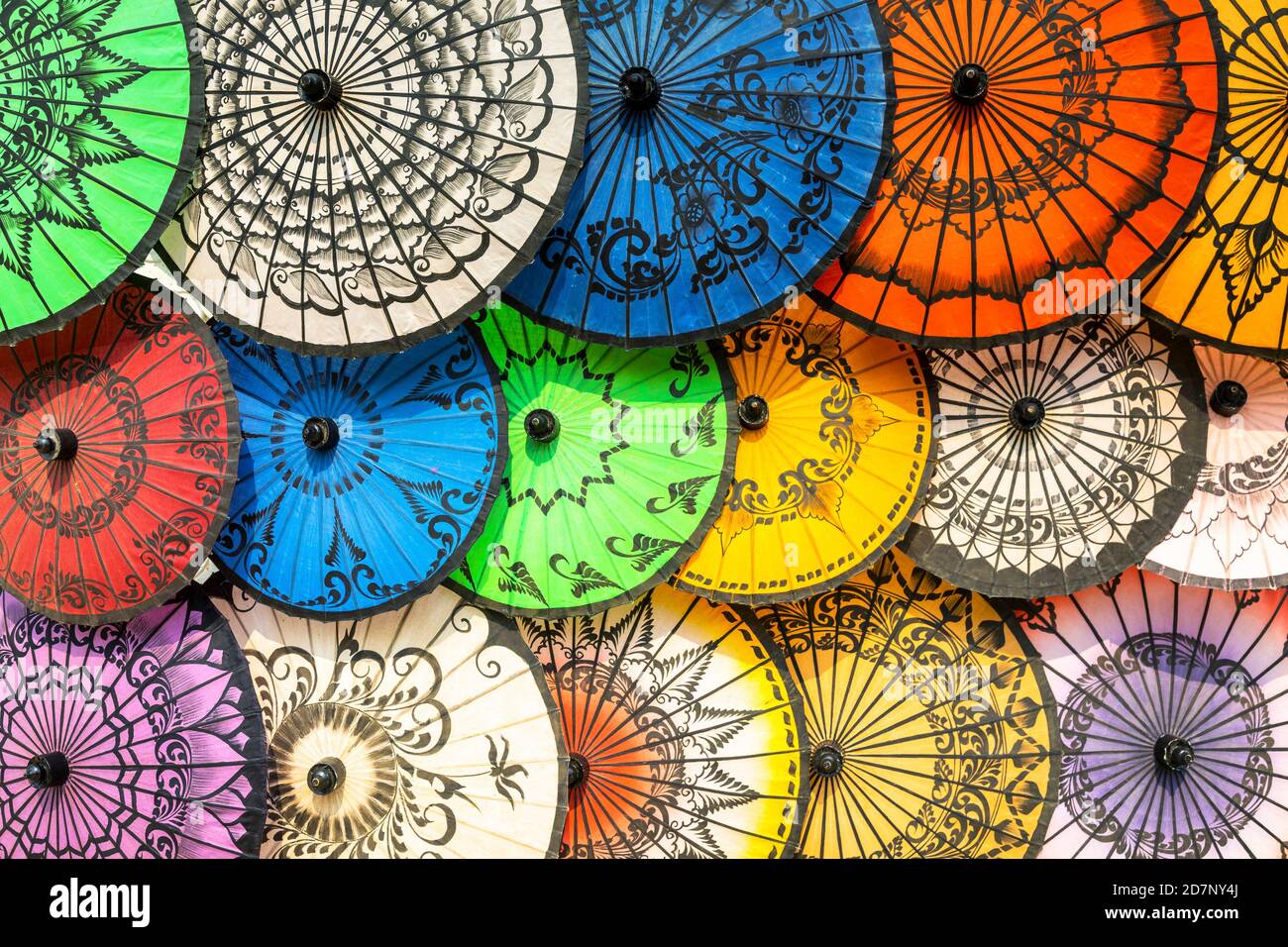 Typical colourful umbrellas of Myanmar Stock Photo