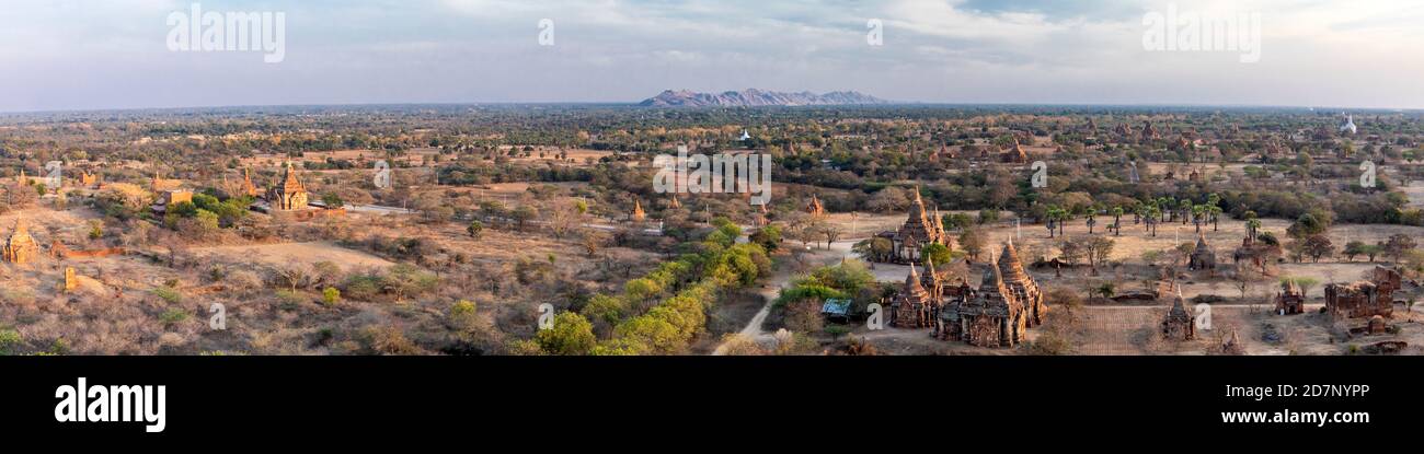 Panorama of temple field of Bagan at sunrise, Myanmar Stock Photo